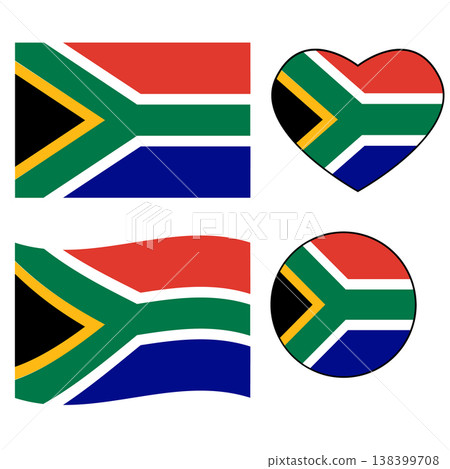Waving flag of South Africa. South Africa national flag on white background. South Africa love flag. Circle badge. flat style. Waving flag of South Africa. South Africa national flag on white background. South Africa love flag. Circle badge. flat style. 138399708