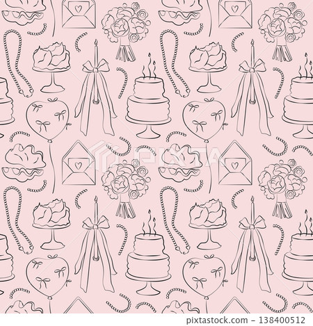 Seamless birthday pattern, cake, candle, bow, bouquet, pearl necklace and party decor, accessories, birthday background Seamless birthday pattern, cake, candle, bow, bouquet, pearl necklace and party decor, accessories, birthday background 138400512