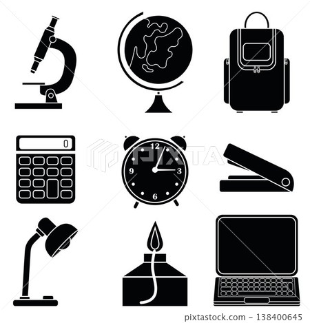 set of school-themed icons, black silhouette set of school-themed icons, black silhouette 138400645