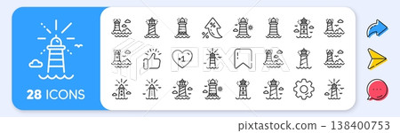 Lighthouse line icons. Interest rate, AI generate, Inflation icons. Searchlight tower with seagull for marine navigation of ships. Sea pharos, lighthouse or beacon icons. Vector Lighthouse line icons. Interest rate, AI generate, Inflation icons. Searchlight tower with seagull for marine navigation of ships. Sea pharos, lighthouse or beacon icons. Vector 138400753