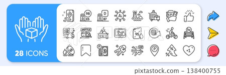 Food delivery, Rent car and Keys line icons. Interest rate, AI generate, Inflation icons. Pack of Lighthouse, Baggage cart, Petrol station icon. Vip flight, Parking payment, Parking pictogram. Vector 138400755