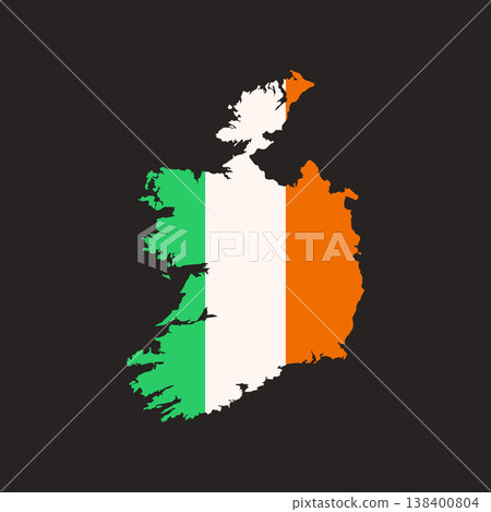Ireland Map Silhouette with National Irish Flag Colors on Black Background 138400804