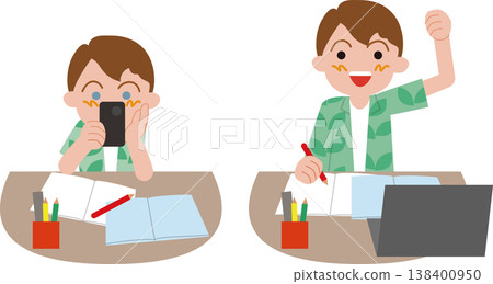 一幅描繪小男孩在家學習的插圖,表情既有無精打采的一面,又充滿動力。 一幅描繪小男孩在家學習的插圖,表情既有無精打采的一面,又充滿動力。 138400950