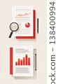 Simple flat illustrations of a document viewed with a magnifying glass and a document with a bar graph. 138400994