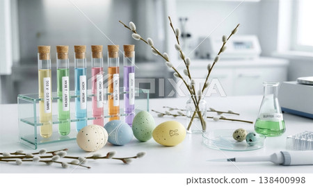 Whimsical easter laboratory setup featuring decorated eggs alongside colorful test tubes and pussy willow branches, blending science and celebration 138400998