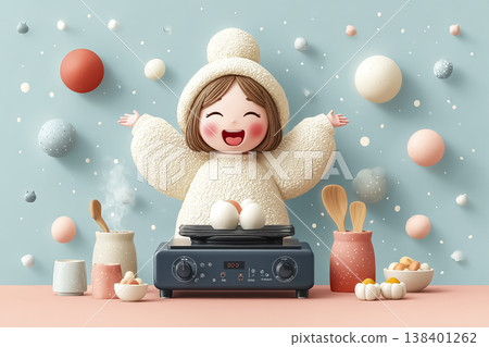 一隻毛茸茸的小仙女正在電磁爐上做飯 | 粉彩色系的夢幻廚房插畫 138401262