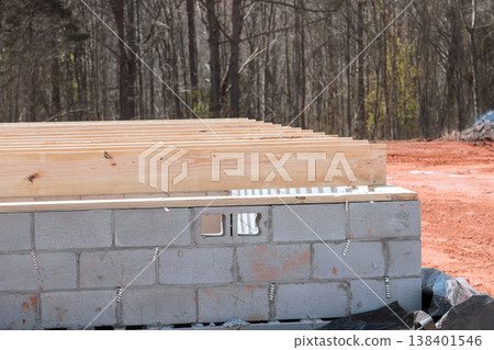 Wooden beams sit top concrete blocks at new building site in leafless wooded area. Wooden beams sit top concrete blocks at new building site in leafless wooded area. 138401546