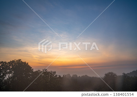 Scenery Sunrise Over Misty Forest Scenery Sunrise Over Misty Forest 138401554