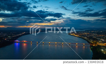 Aerial view of Pakse Bridge The Longest Mekong River at twilight Aerial view of Pakse Bridge The Longest Mekong River at twilight 138401618