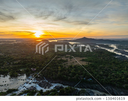 Stunning Sunset Sky Over Si Phan Don Islands Mekong River Aerial Stunning Sunset Sky Over Si Phan Don Islands Mekong River Aerial 138401619