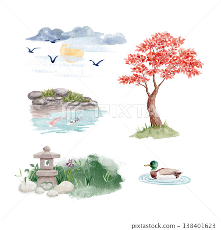 Japanese garden clipart set with trees, koi pond, duck and birds, hand painted watercolor elements isolated on white background. Zen nature collection for design, decor, packaging, stationery use Japanese garden clipart set with trees, koi pond, duck and birds, hand painted watercolor elements isolated on white background. Zen nature collection for design, decor, packaging, stationery use 138401623