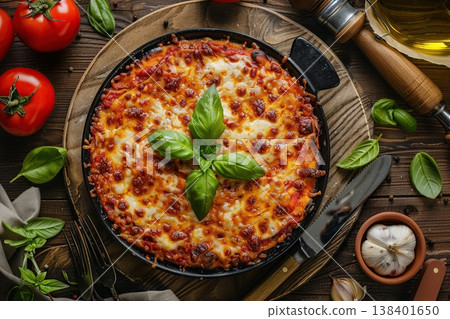 Traditional italian lasagna. Top view composition. Ai generative 138401650