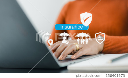 Insurance agent services with virtual icons technology.Online insurance policy application on laptop.Financial planning for family protection concept.Woman buying health and life insurance digital. Insurance agent services with virtual icons technology.Online insurance policy application on laptop.Financial planning for family protection concept.Woman buying health and life insurance digital. 138401673