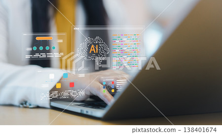 Artificial intelligence ai for business data analysis.Machine learning algorithm with neural brain interface.Automation in modern workspace. Woman using ai software for digital transformation. Artificial intelligence ai for business data analysis.Machine learning algorithm with neural brain interface.Automation in modern workspace. Woman using ai software for digital transformation. 138401674