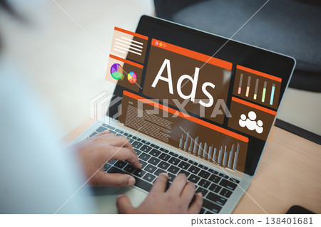 Online advertising marketing dashboard.Digital marketing strategy analysis.Social media ads performance.Data analytics and business growth.Businessman working on laptop computer. Online advertising marketing dashboard.Digital marketing strategy analysis.Social media ads performance.Data analytics and business growth.Businessman working on laptop computer. 138401681
