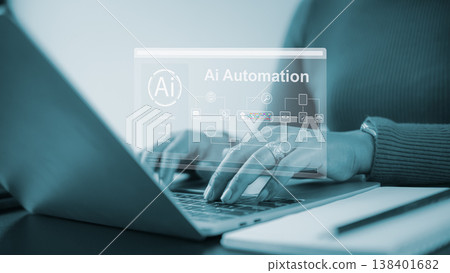Artificial intelligence automation technology.Digital transformation business concept.Robotic process automation software.Businesswoman working on laptop computer. Artificial intelligence automation technology.Digital transformation business concept.Robotic process automation software.Businesswoman working on laptop computer. 138401682