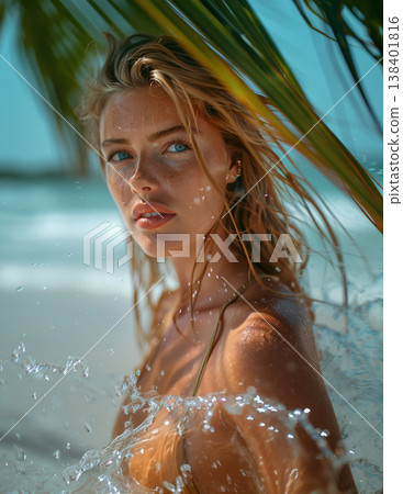 Sexy and beautiful woman posing in the tropical beach next to a palm tree. Generative Ai 138401816