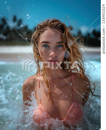 Sexy and beautiful woman posing in the tropical beach next to a palm tree. Generative Ai 138401824