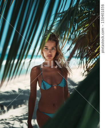 Sexy and beautiful woman posing in the tropical beach next to a palm tree. Generative Ai 138401856