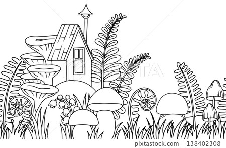seamless outline border of autumn. cute forest house and mushrooms. coloring book 138402308