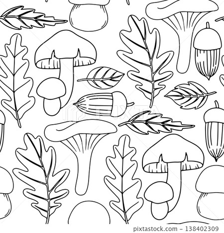 Seamless pattern with autumn leaves, mushrooms and acorns. coloring book 138402309