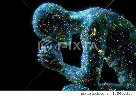Human Silhouette Composed of Circuits Plugging into a Digital Landscape of Lights 138402333