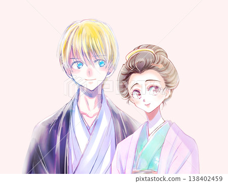 A woman in a kimono with traditional Japanese hairstyle and a Caucasian man are seen standing close together. A woman in a kimono with traditional Japanese hairstyle and a Caucasian man are seen standing close together. 138402459