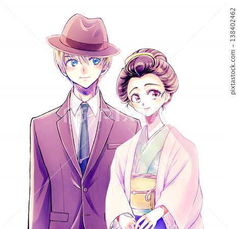 一位穿著和服、梳著傳統日式髮型的女子和一位身穿西裝的白人男子並肩站在一起。 一位穿著和服、梳著傳統日式髮型的女子和一位身穿西裝的白人男子並肩站在一起。 138402462