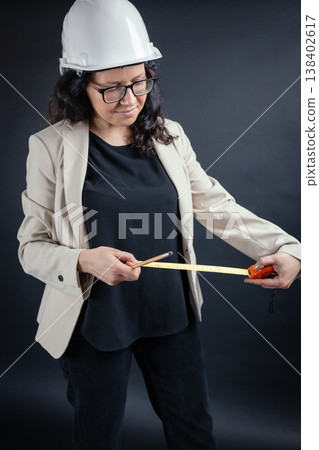 Woman engineer wearing hard hat measuring with tape Woman engineer wearing hard hat measuring with tape 138402617