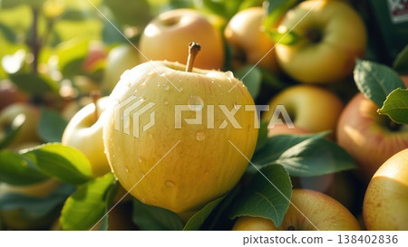 Close-up of ripe yellow apples with fresh water droplets on a leafy branch in soft, natural sunlight. Close-up of ripe yellow apples with fresh water droplets on a leafy branch in soft, natural sunlight. 138402836