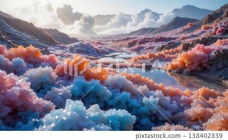A surreal landscape of vibrant pink, blue, and orange crystal formations along a calm river under a cloudy sky. A surreal landscape of vibrant pink, blue, and orange crystal formations along a calm river under a cloudy sky. 138402839