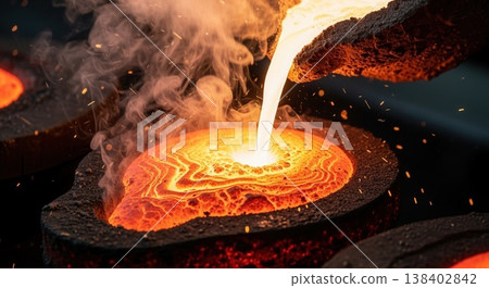 Glowing orange molten metal being poured into a mold, creating bright sparks and thick smoke in an industrial foundry. 138402842