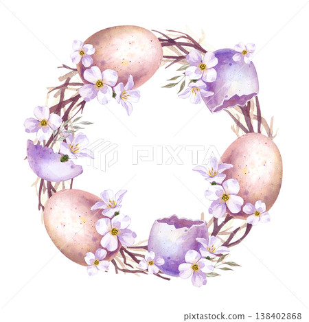 Rustic Easter floral wreath with bird eggs and spring flowers, watercolor botanical clipart for invitations. 138402868