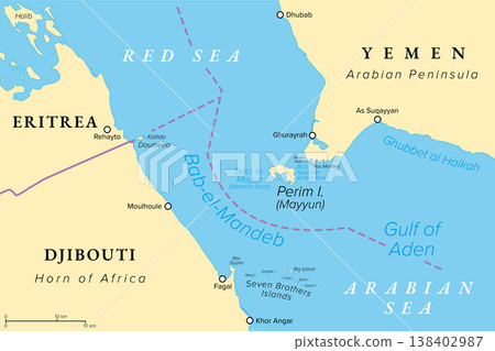 Strait of Bab-el-Mandeb, political map. Translated to Gate of Tears, a major global choke point between Yemen and Djibouti as well as Eritrea, connecting the Red Sea and the Gulf of Aden. Vector Strait of Bab-el-Mandeb, political map. Translated to Gate of Tears, a major global choke point between Yemen and Djibouti as well as Eritrea, connecting the Red Sea and the Gulf of Aden. Vector 138402987