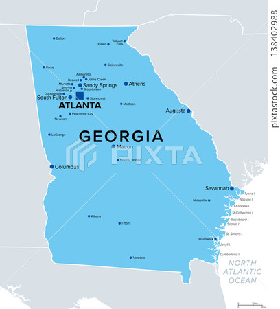 State of Georgia, political map. State in the Southeastern, South Atlantic, and Deep South regions of United States, with capital Atlanta, bordering the Atlantic Ocean. Isolated illustration. Vector State of Georgia, political map. State in the Southeastern, South Atlantic, and Deep South regions of United States, with capital Atlanta, bordering the Atlantic Ocean. Isolated illustration. Vector 138402988