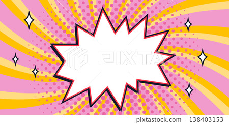 Starburst vector comic star banner with pink burst and blank center over pink and yellow radial background with halftone and sparkles. Starburst vector banner with for posters and promo graphics Starburst vector comic star banner with pink burst and blank center over pink and yellow radial background with halftone and sparkles. Starburst vector banner with for posters and promo graphics 138403153