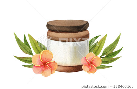 Hand drawn watercolor illustration of a cosmetic jar. Image depicts creams and beauty products for relaxation and unwinding. Hand drawn watercolor illustration of a cosmetic jar. Image depicts creams and beauty products for relaxation and unwinding. 138403163