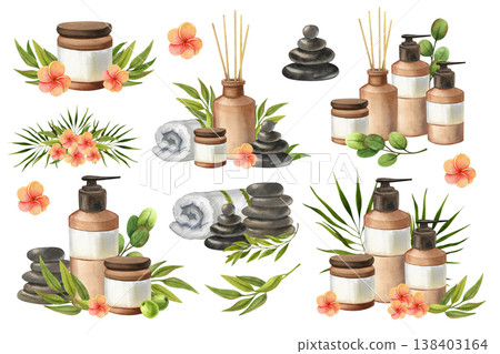 Set of accessories for Thai massage. Hand drawn watercolor illustrations for aromatherapy treatments. Images of creams and cosmetics for relaxation and rest. Set of accessories for Thai massage. Hand drawn watercolor illustrations for aromatherapy treatments. Images of creams and cosmetics for relaxation and rest. 138403164