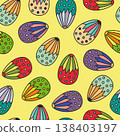 Easter egg seamless pattern. Seamless bright background for Easter designs, featuring cute patterned eggs with polka dots and stripes. 138403197