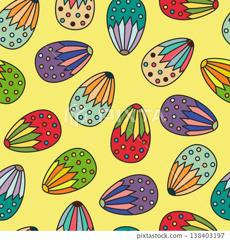 Easter egg seamless pattern. Seamless bright background for Easter designs, featuring cute patterned eggs with polka dots and stripes. Easter egg seamless pattern. Seamless bright background for Easter designs, featuring cute patterned eggs with polka dots and stripes. 138403197