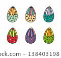A collection of six colorful decorated Easter eggs with various patterns including polka dots and stripes isolated on a white background. 138403198