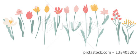 Set of abstract naive spring flowers and branches. Cute cutout blooming tulips and daisies in pastel colors isolated on white. Boho minimalist floral vector elements collection for Mother s Day design Set of abstract naive spring flowers and branches. Cute cutout blooming tulips and daisies in pastel colors isolated on white. Boho minimalist floral vector elements collection for Mother s Day design 138403206