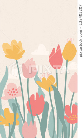 Abstract botanical vertical background. Naive blooming spring tulips and clouds in pastel colors with paper texture. Contemporary bohemian minimalist floral vector template for Mother s Day flyer. Abstract botanical vertical background. Naive blooming spring tulips and clouds in pastel colors with paper texture. Contemporary bohemian minimalist floral vector template for Mother s Day flyer. 138403207