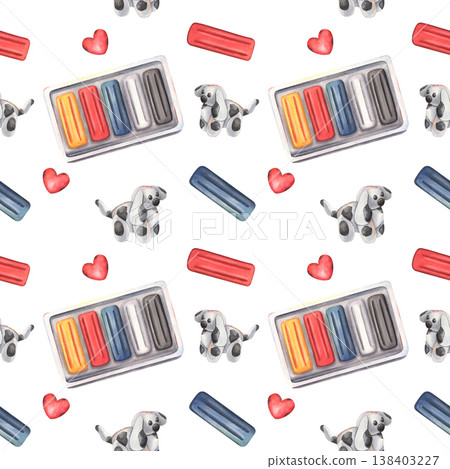 Hand-painted watercolor pattern with colorful clay set, sculpted dog, heart on white background. Cute, playful design perfect for kids products, crafts branding, packaging, textiles, nursery education Hand-painted watercolor pattern with colorful clay set, sculpted dog, heart on white background. Cute, playful design perfect for kids products, crafts branding, packaging, textiles, nursery education 138403227