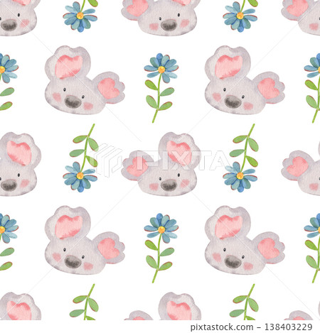 Hand-painted watercolor seamless pattern with funny koala and blue flower isolated on white. Cute, playful design perfect for kids products, nursery decor, textiles, packaging, stationery, branding Hand-painted watercolor seamless pattern with funny koala and blue flower isolated on white. Cute, playful design perfect for kids products, nursery decor, textiles, packaging, stationery, branding 138403229