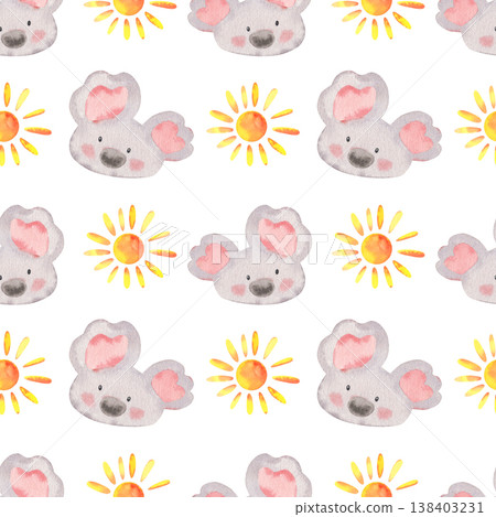 Hand-painted watercolor seamless pattern with flat funny koala and sun isolated on white. Cute, playful design perfect for kids products, nursery decor, textiles, packaging, stationery, branding Hand-painted watercolor seamless pattern with flat funny koala and sun isolated on white. Cute, playful design perfect for kids products, nursery decor, textiles, packaging, stationery, branding 138403231