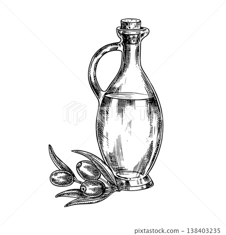 Glass bottle of oil and an olive branch. Black and white vector illustration drawn by hand. Design element for menus, recipes, and cookbooks. For banners, packaging, labels, and more. Glass bottle of oil and an olive branch. Black and white vector illustration drawn by hand. Design element for menus, recipes, and cookbooks. For banners, packaging, labels, and more. 138403235