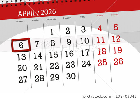 Calendar 2026, deadline, day, month, page, organizer, date, April, monday, number 6 Calendar 2026, deadline, day, month, page, organizer, date, April, monday, number 6 138403345