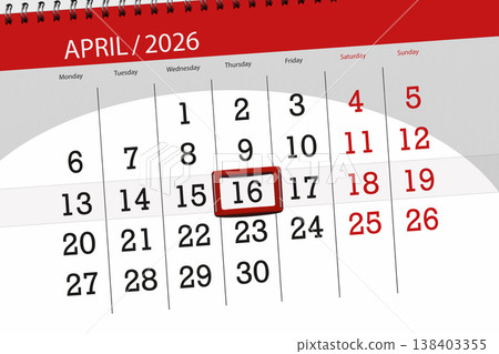 Calendar 2026, deadline, day, month, page, organizer, date, April, thursday, number 16 Calendar 2026, deadline, day, month, page, organizer, date, April, thursday, number 16 138403355