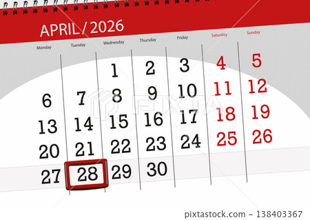 Calendar 2026, deadline, day, month, page, organizer, date, April, tuesday, number 28 Calendar 2026, deadline, day, month, page, organizer, date, April, tuesday, number 28 138403367
